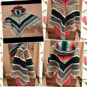 Upcycled vtg afghan poncho S wide green stripe hooded